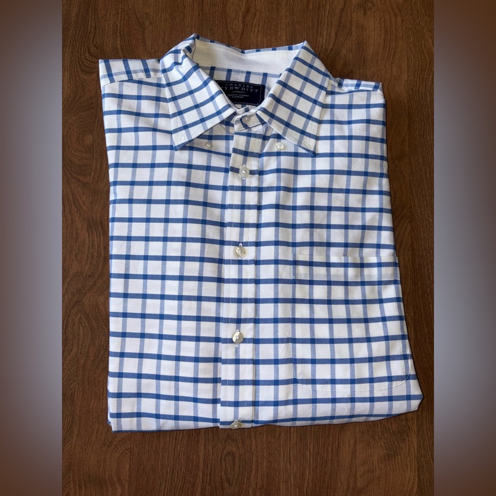 Charles Tyrwhitt White Dress Shirt with Blue Windowpane Check